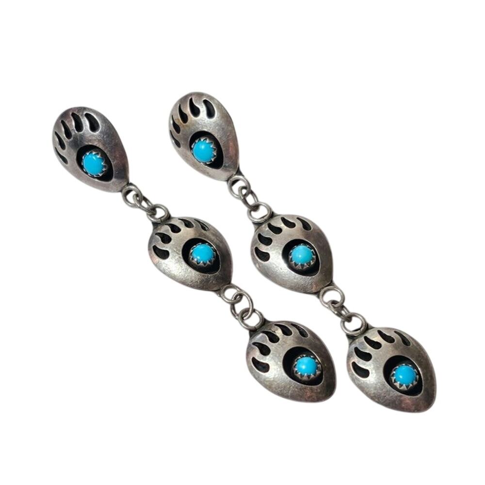 Vintage Navajo Sterling Silver Turquoise Bear Paw Tiered Dangle Earrings
